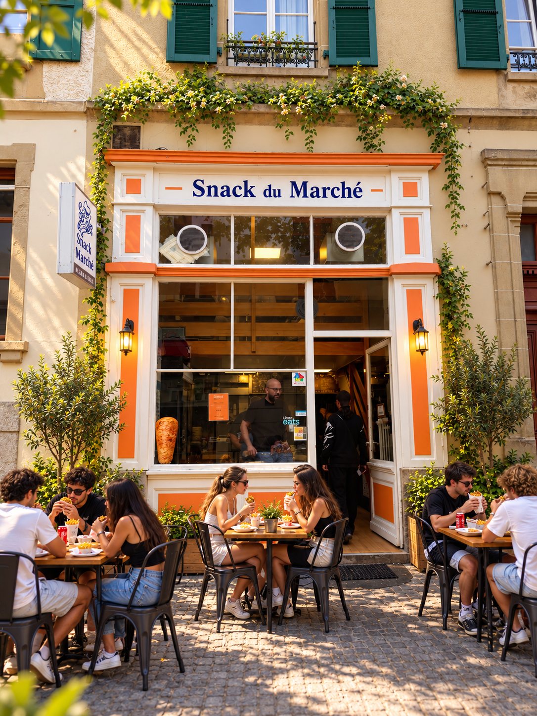 Le Snack du Marché'nin yaz terası, beyaz ve turuncu cephesinin önünde, Lozan'da Rue Pré-du-Marché